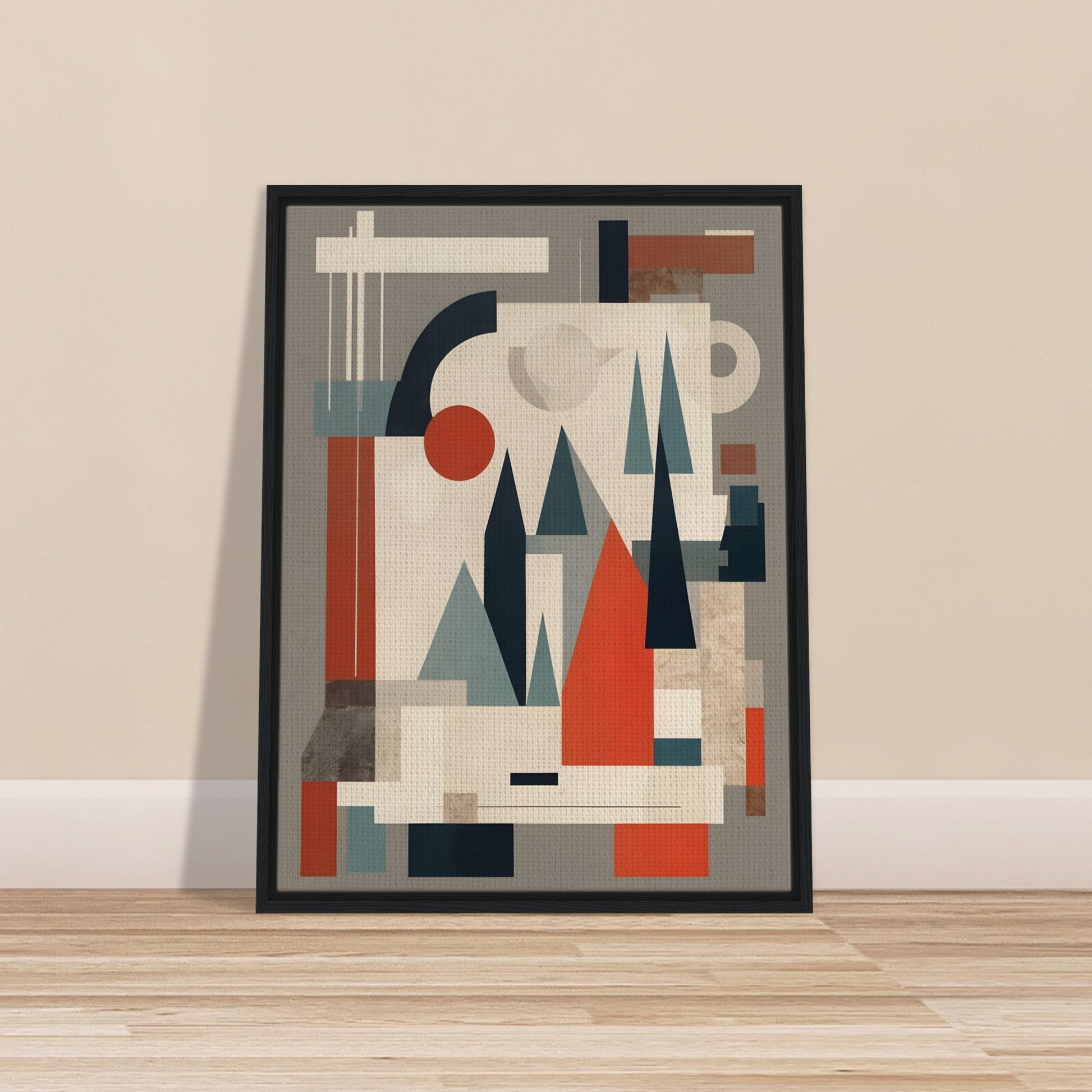 A modern geometric artwork featuring abstract triangular shapes resembling trees, complemented by circles and rectangles in muted tones of red, teal, and beige.