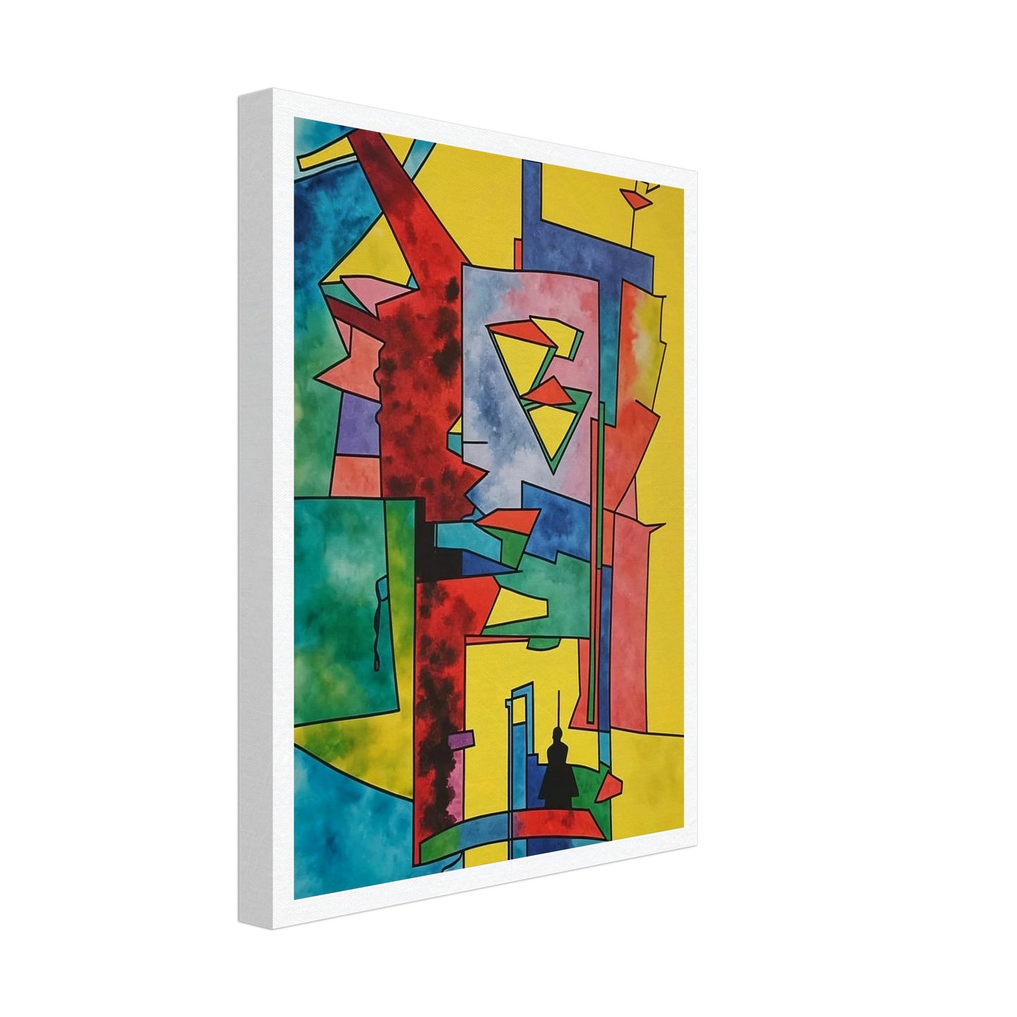 Abstract geometric artwork featuring vibrant shapes and bold colors, evoking a dynamic urban landscape.