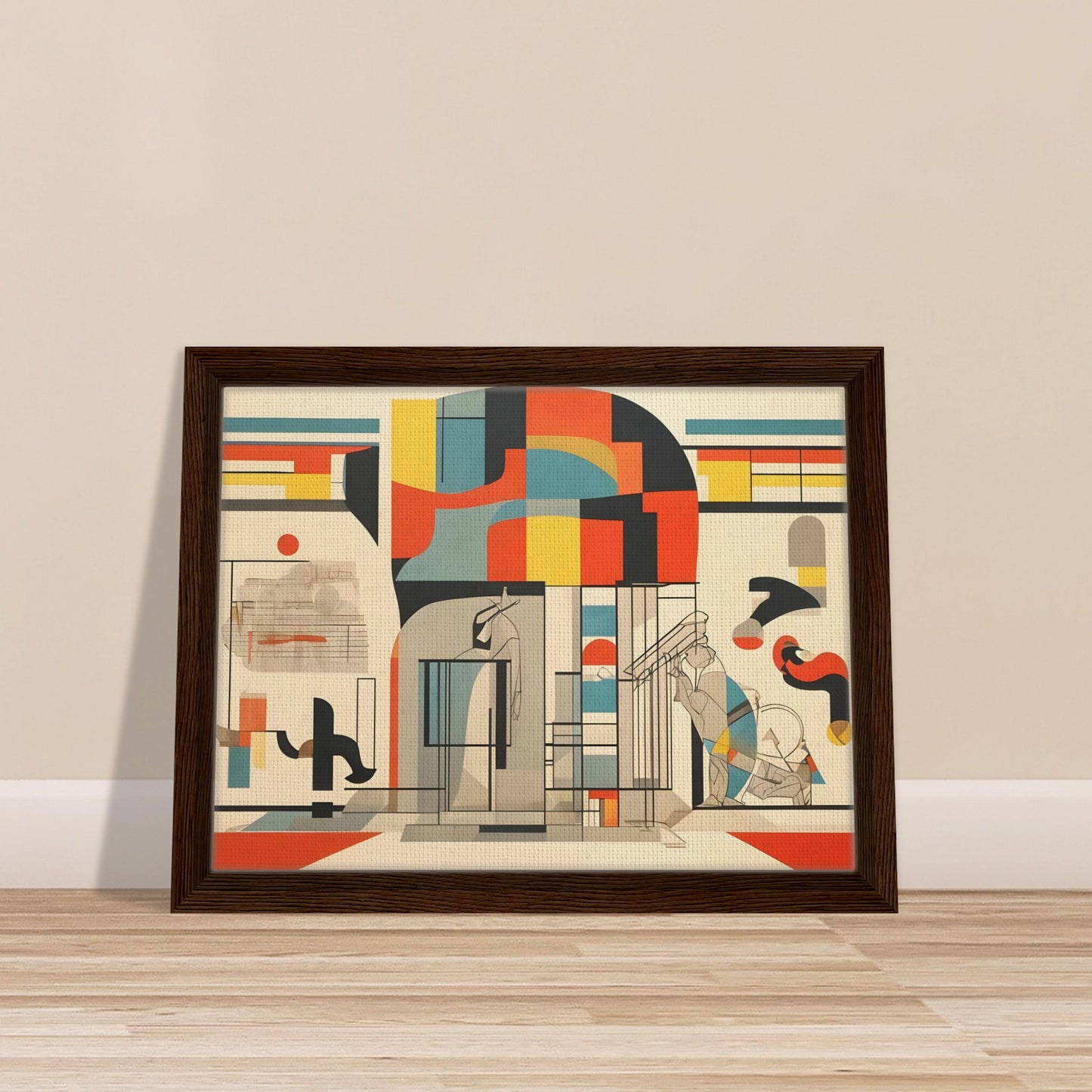 A vibrant abstract artwork with geometric shapes and architectural elements in bold colors like red, yellow, blue, and beige, creating a layered and modern composition.