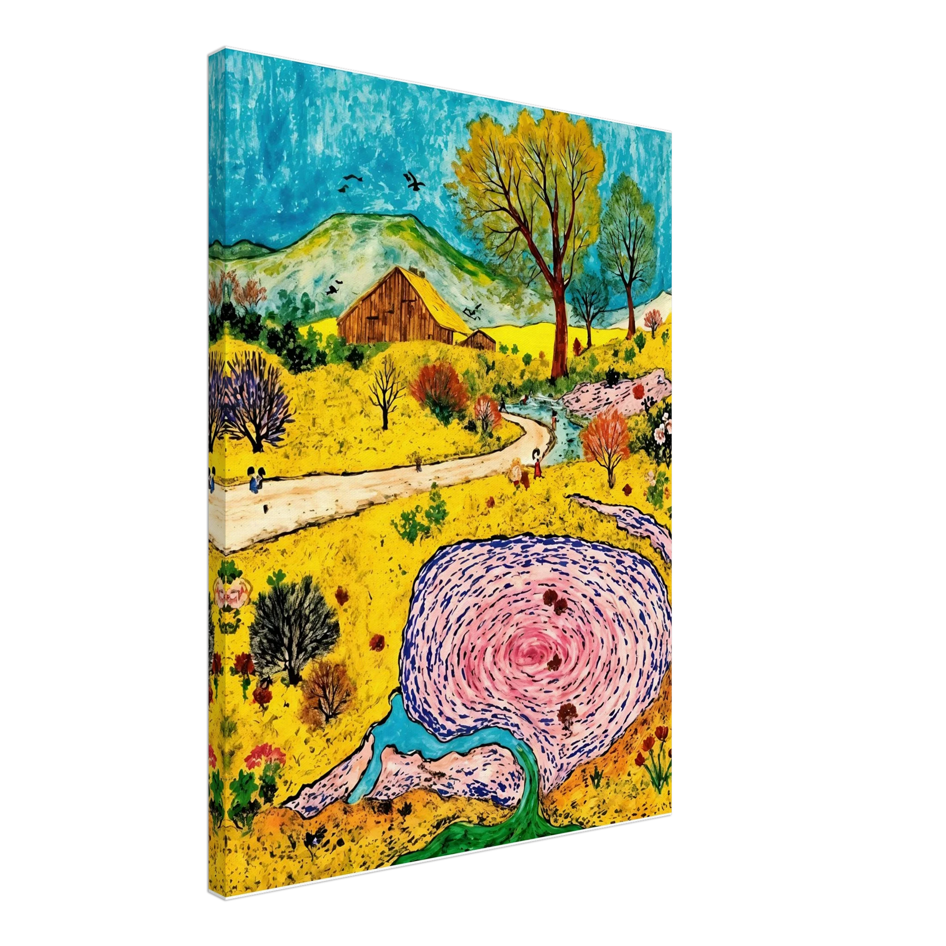 Colorful countryside with a rustic barn, winding stream, blooming trees, and a swirling pink pond beneath blue skies.
