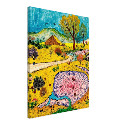 Colorful countryside with a rustic barn, winding stream, blooming trees, and a swirling pink pond beneath blue skies.