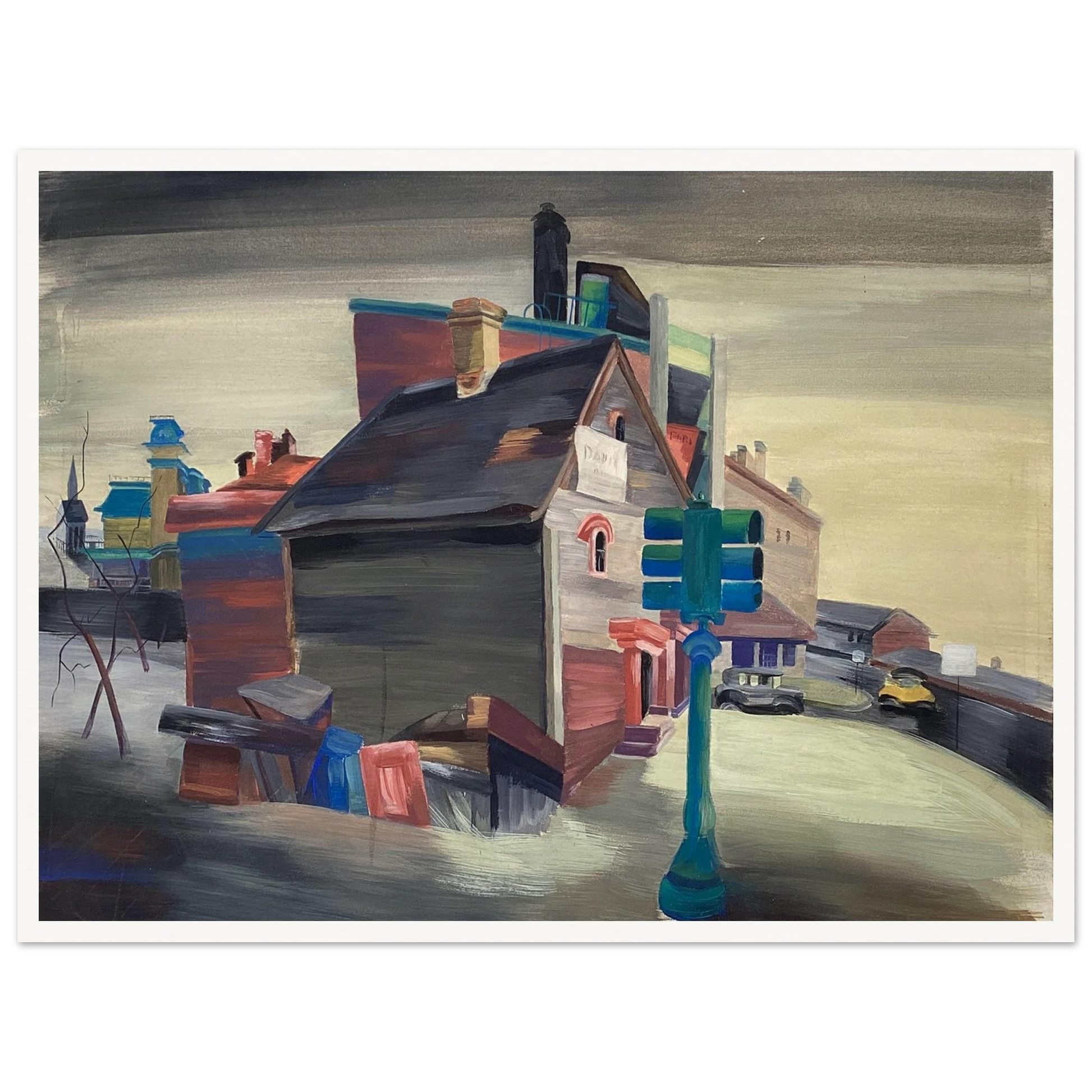 A colorful urban street with clustered houses, vintage cars, and a green traffic light beneath a gray sky.