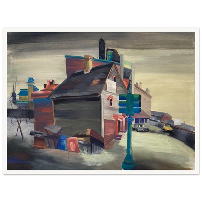 A colorful urban street with clustered houses, vintage cars, and a green traffic light beneath a gray sky.