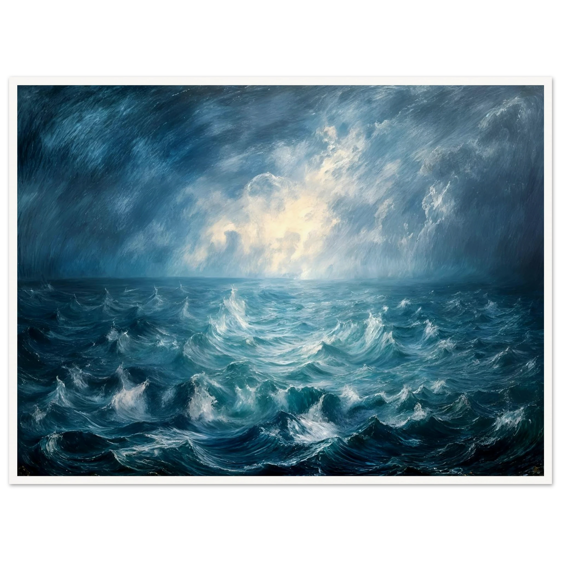 Powerful stormy seascape with churning blue waves beneath dramatic clouds, illuminated by radiant light breaking across the horizon.