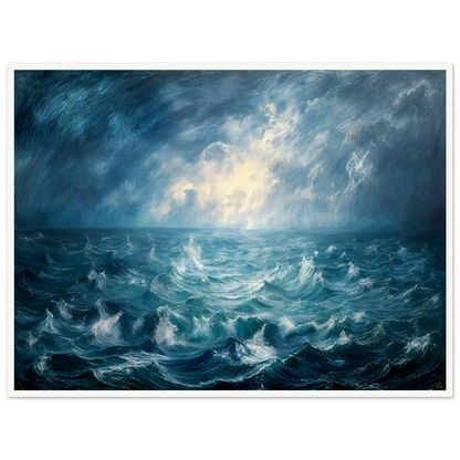 Powerful stormy seascape with churning blue waves beneath dramatic clouds, illuminated by radiant light breaking across the horizon.