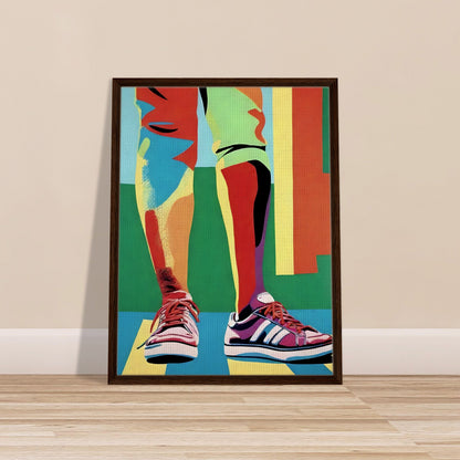 A vibrant painting of legs in colorful pants and bright sneakers, with bold geometric shapes and a playful, modern aesthetic.