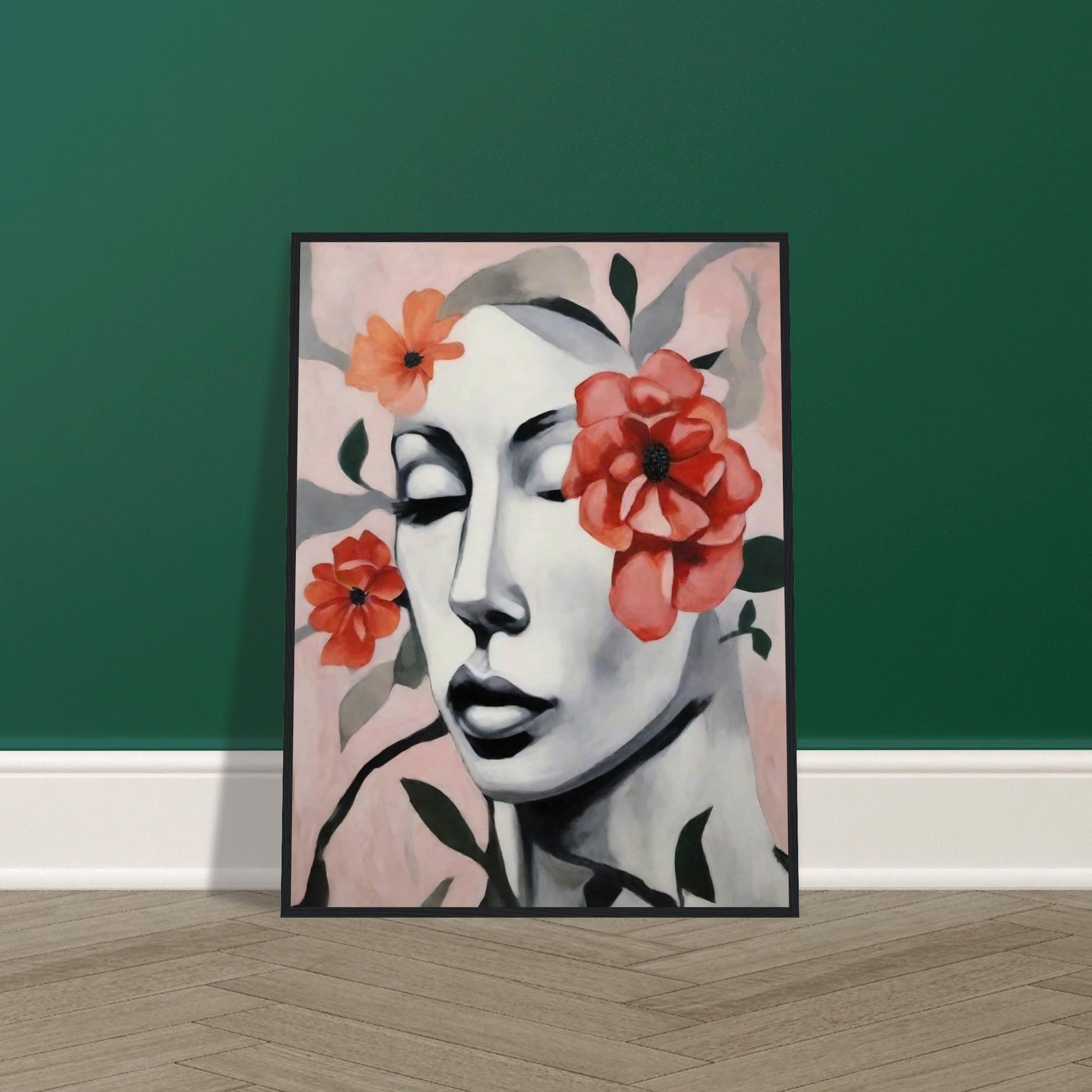 "A delicate portrait of a woman’s face with her eyes closed, surrounded by soft red and orange flowers, blending calm expression with floral beauty."