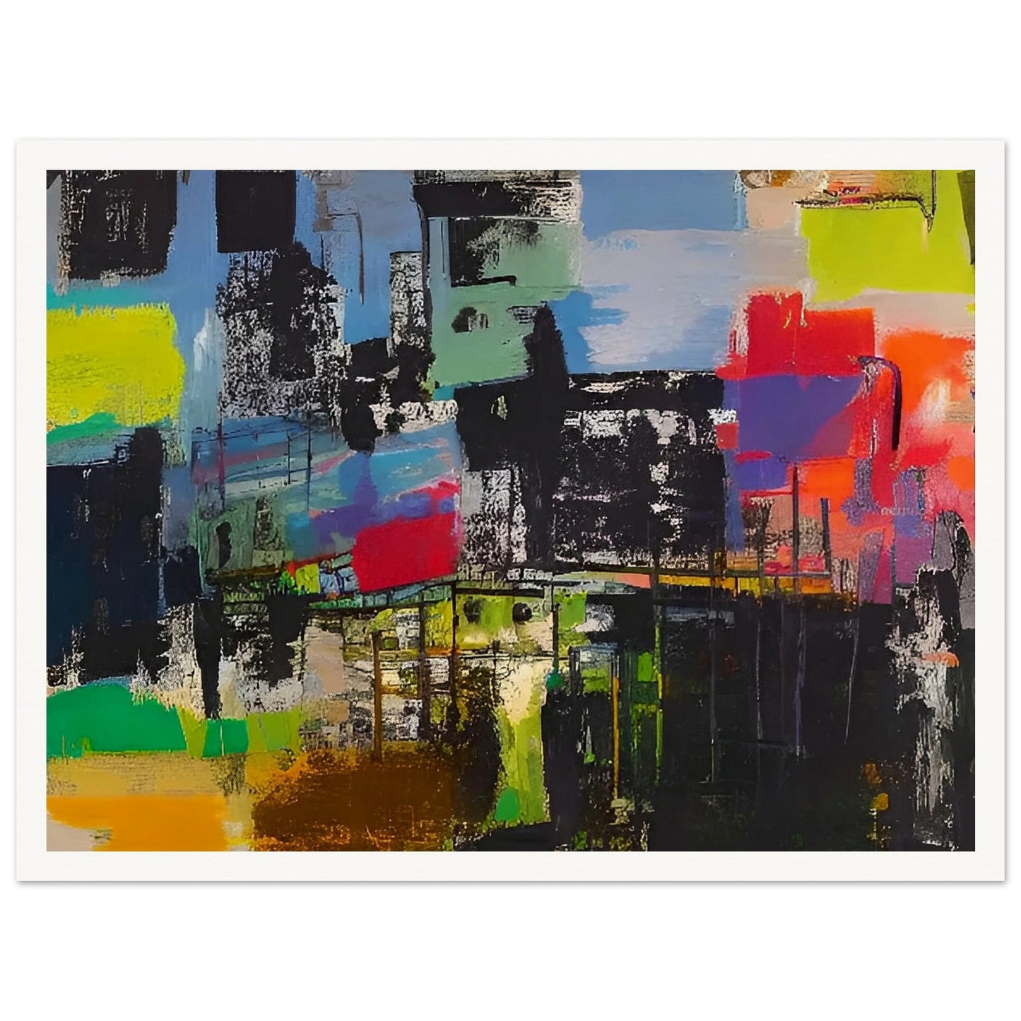 An abstract painting with bold colors and textures representing a bustling cityscape. The composition features vibrant blocks of green, blue, yellow, and red.