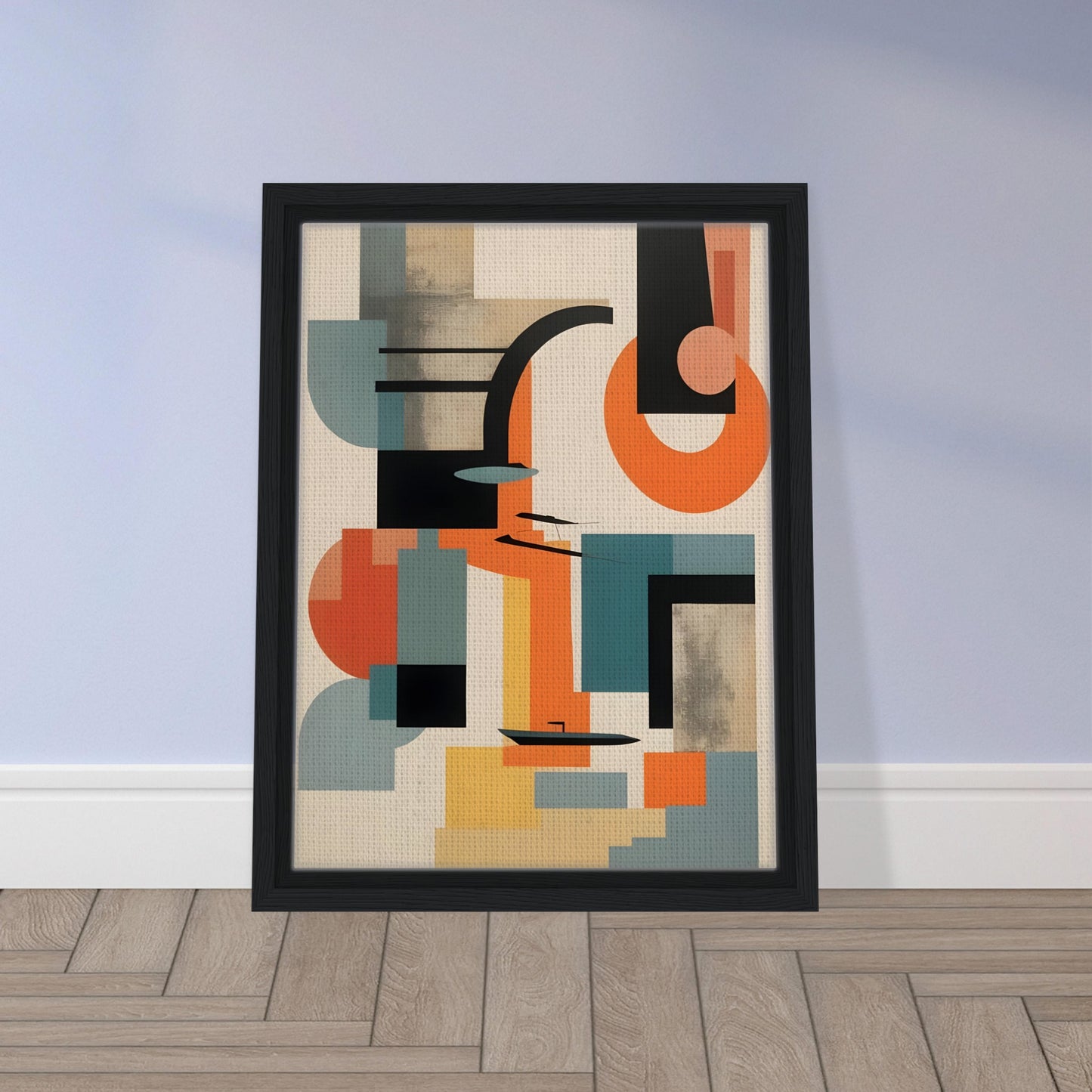 A geometric abstract painting featuring bold shapes in teal, orange, black, and beige, with intersecting lines and modern design elements.