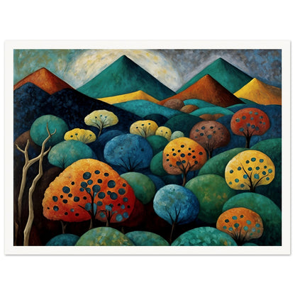 A surreal landscape painting of a lush valley filled with vibrantly colored trees in shades of blue, orange, yellow, and green, with layered mountains in the background under a cloudy sky.