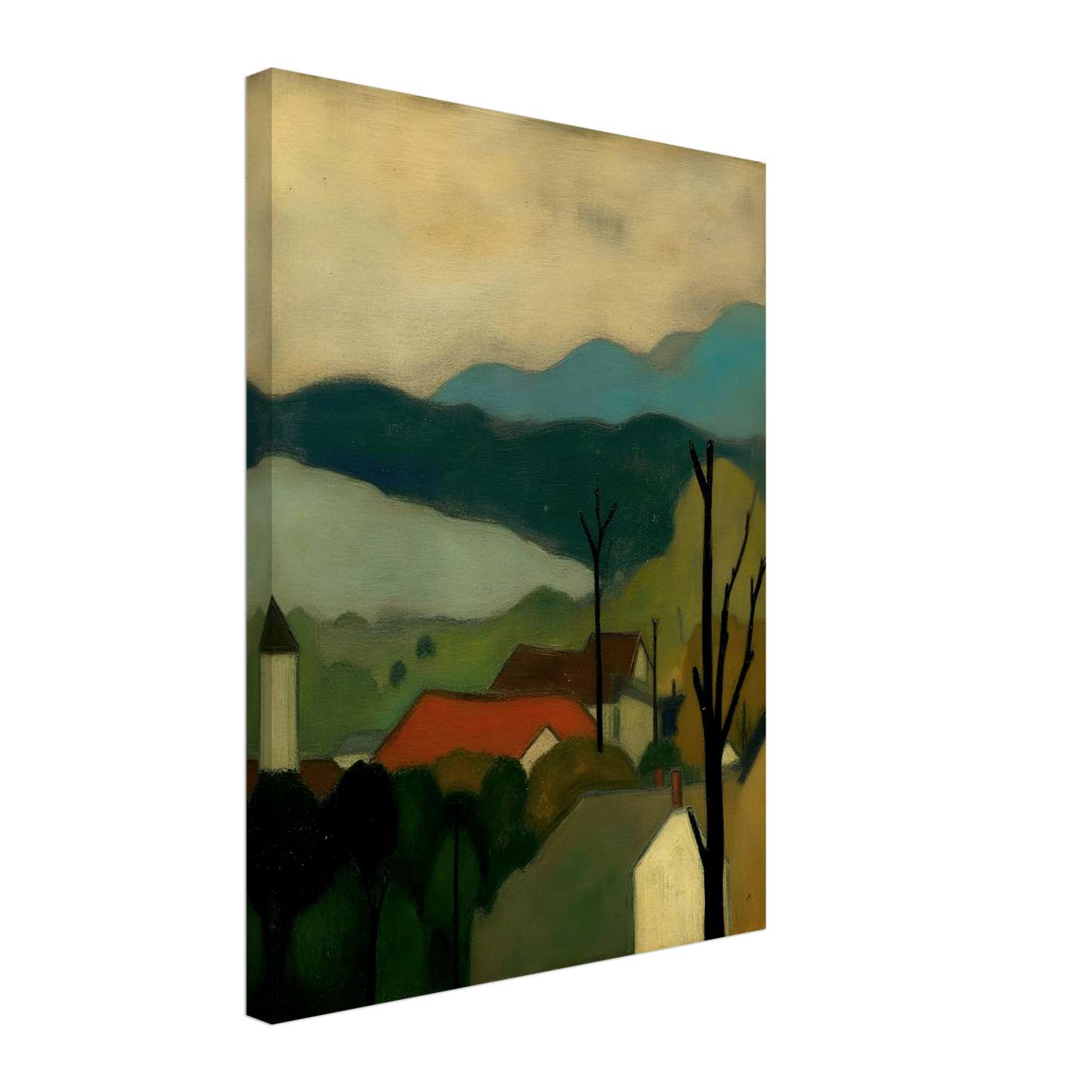 A serene landscape painting depicting a small village with red-roofed houses nestled among trees, set against layered blue-green mountains and a pale sky. Bare tree silhouettes frame the peaceful countryside scene.