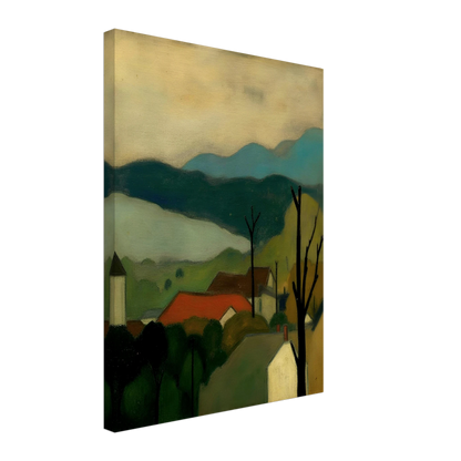 A serene landscape painting depicting a small village with red-roofed houses nestled among trees, set against layered blue-green mountains and a pale sky. Bare tree silhouettes frame the peaceful countryside scene.