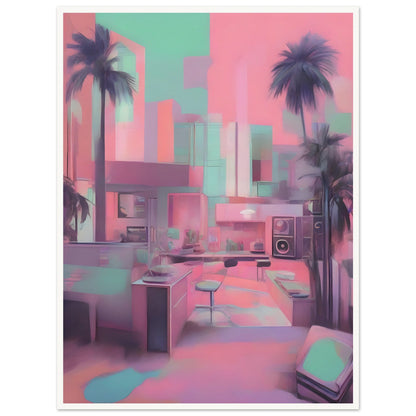 A pastel-toned interior with palm trees and modern furniture, blending dreamy pink, teal, and purple hues in a surreal cityscape.