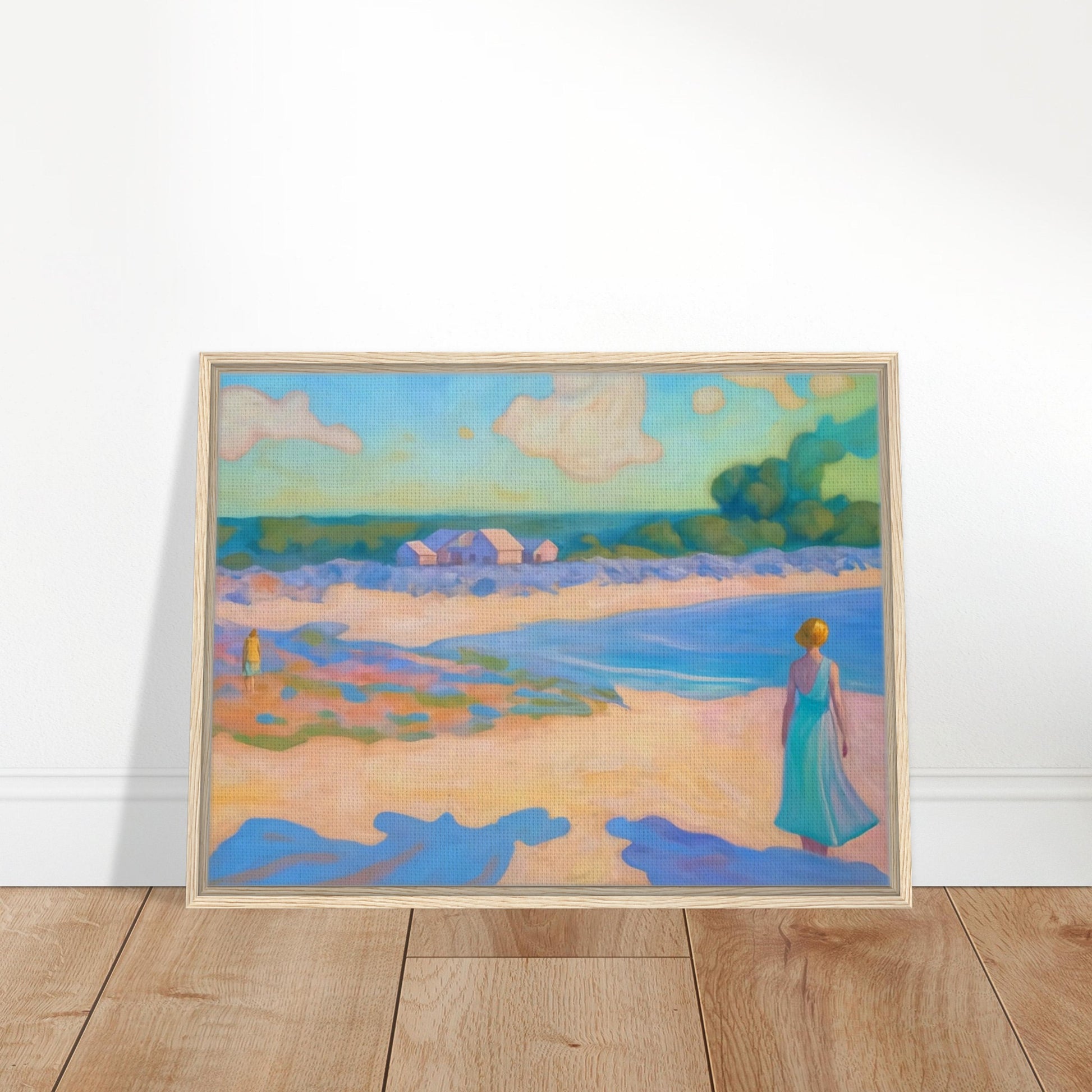 A serene coastal scene with a woman in a flowing dress walking along the beach, pastel hues creating a peaceful atmosphere.