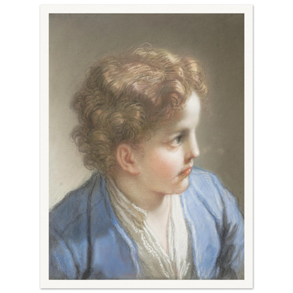 A young boy in a blue jacket looks to the side, softly rendered in pastel with warm curls and gentle light.