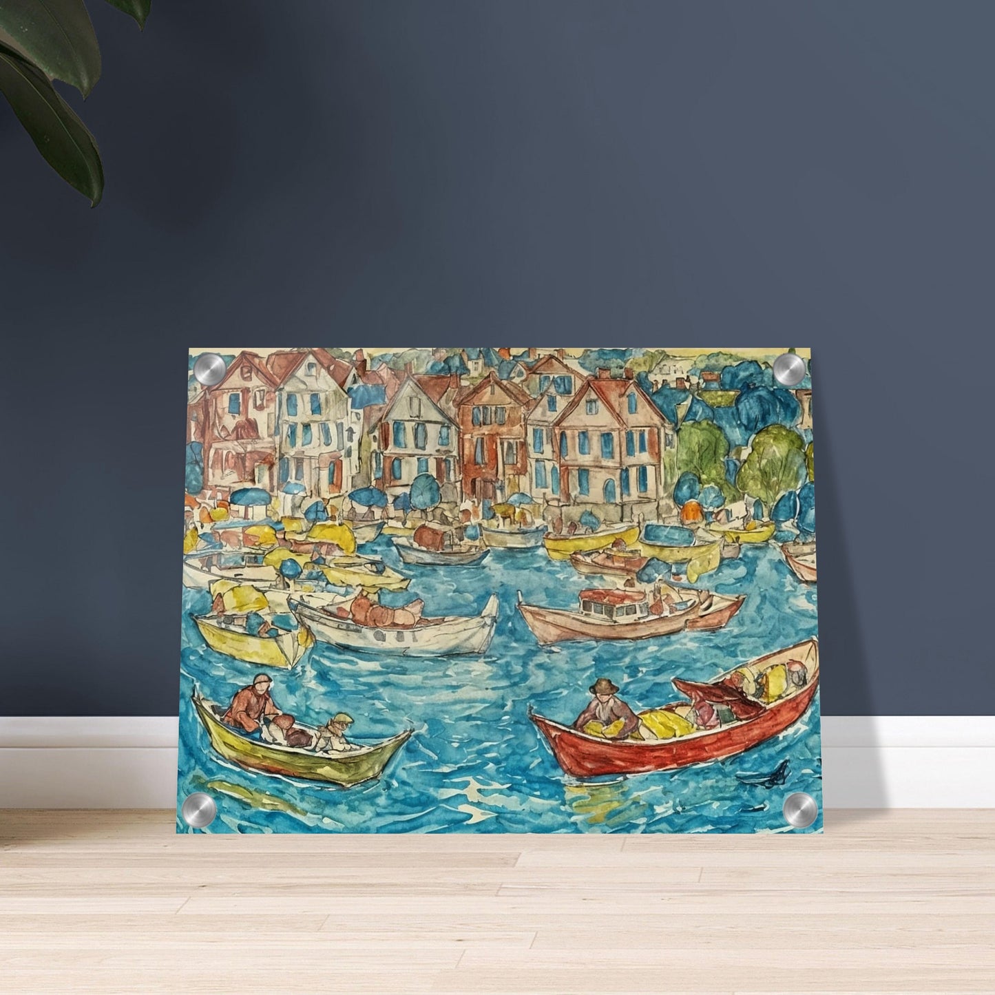 Colorful depiction of a lively harbor with boats and people on a sunny day, with charming houses lining the waterfront.