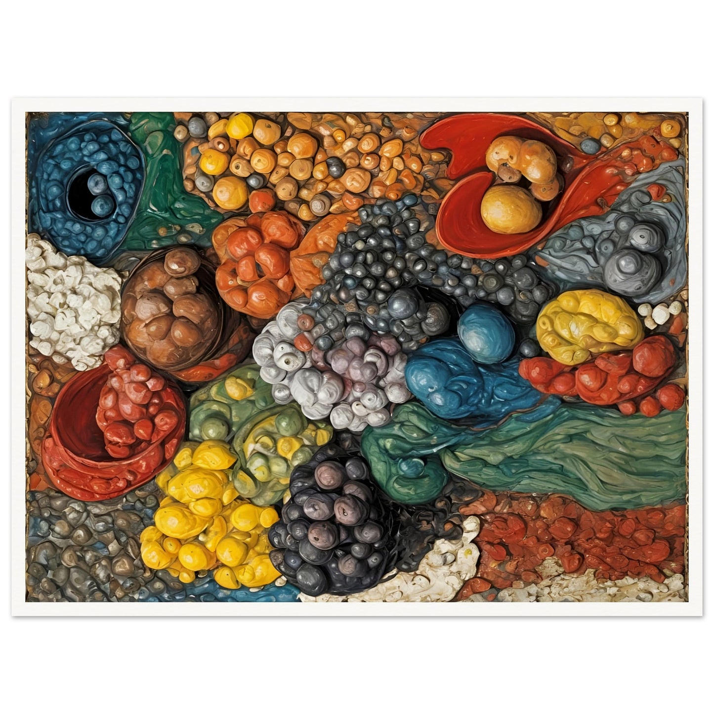 A vibrant, textured composition of assorted fruits, vegetables, and grains in a dynamic arrangement, bursting with rich colors and organic forms.