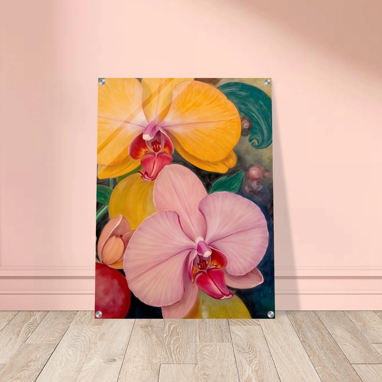 A vibrant floral painting featuring large blooming orchids in shades of golden yellow and soft blush pink, with rich magenta centers set against a dark, decorative background with lush green accents.