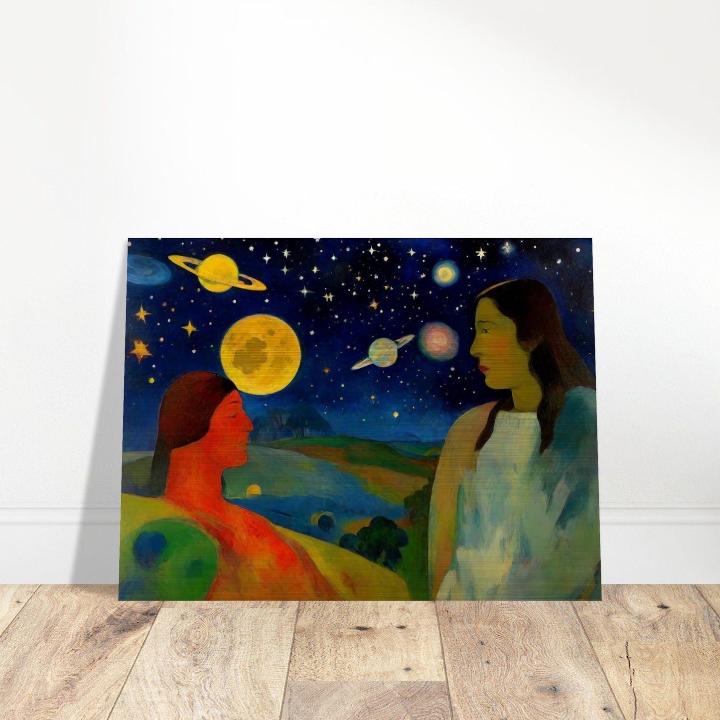 A vibrant scene of two people under a cosmic sky, featuring large planets and stars, set in an otherworldly landscape