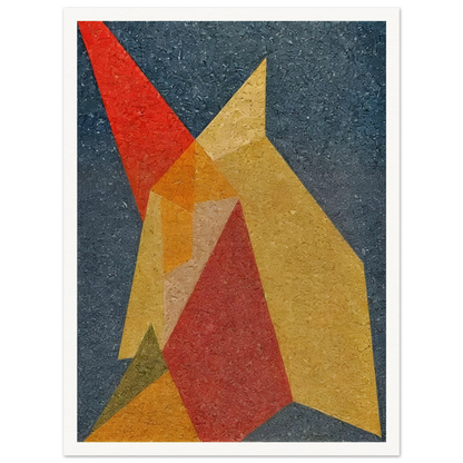 Bold overlapping polygons in red, yellow, and orange intersect over a textured navy background, evoking fiery movement and tension.