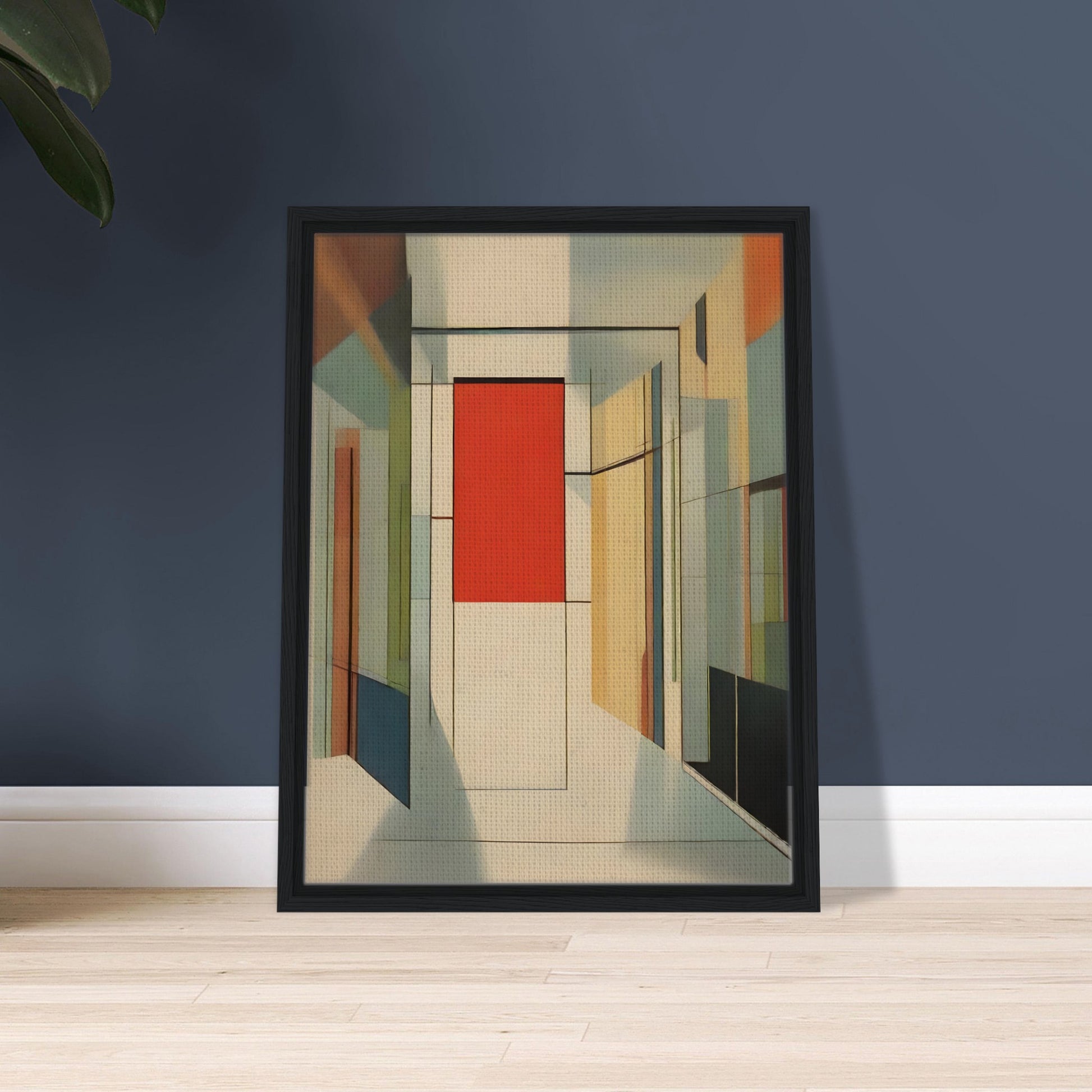 An abstract artwork featuring geometric shapes forming a modern corridor with a prominent red panel at the center, surrounded by muted tones of beige, green, and orange.