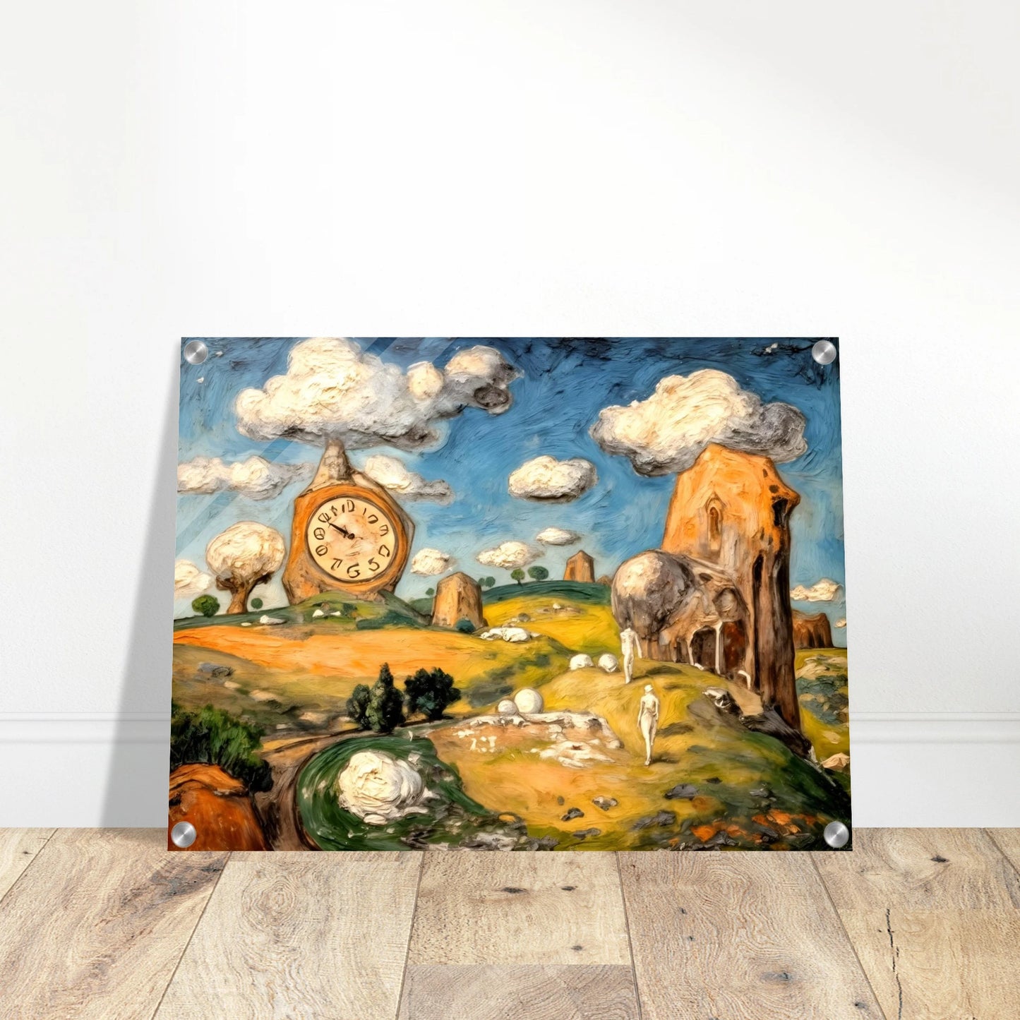 A surreal fantasy landscape featuring a distorted clock tower, cloud-capped buildings, rolling hills, and wandering figures beneath a bright blue sky filled with floating clouds.