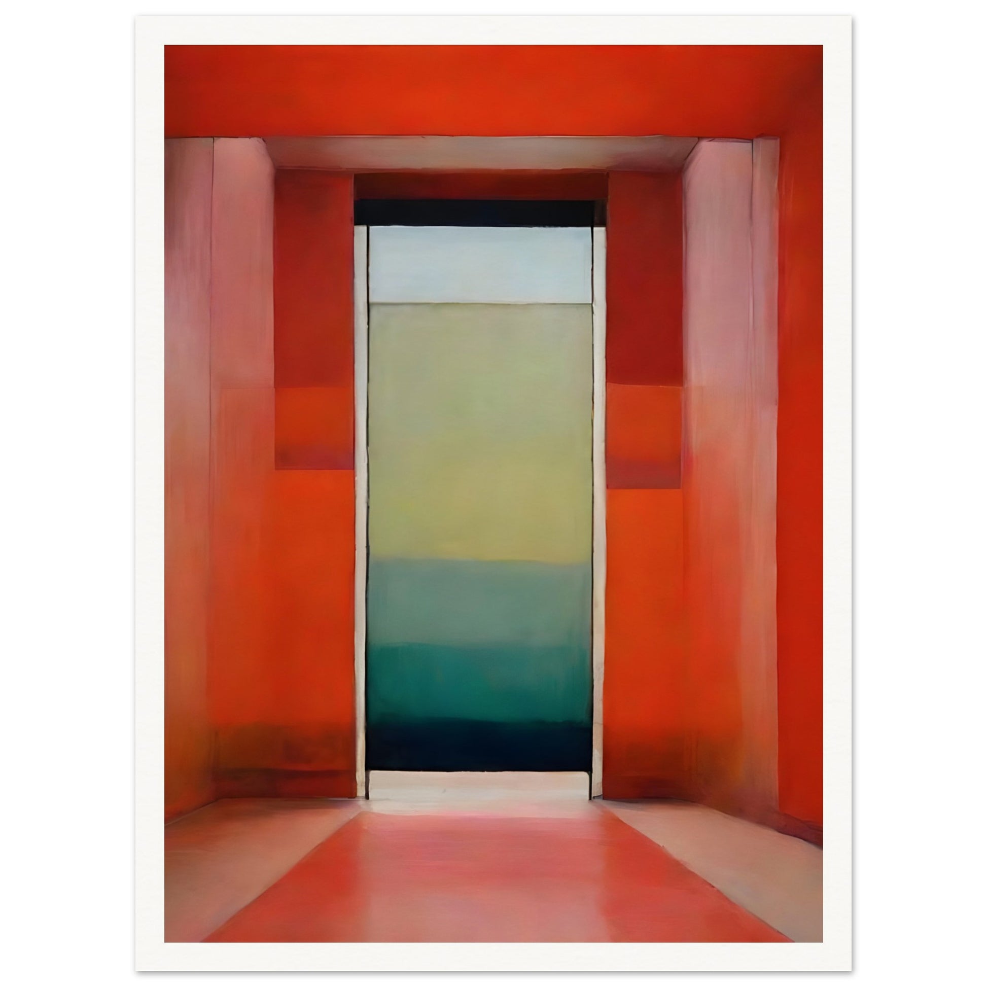 A striking architectural composition featuring a bold red corridor leading to a doorway with a gradient of blue and green, evoking mystery and depth.