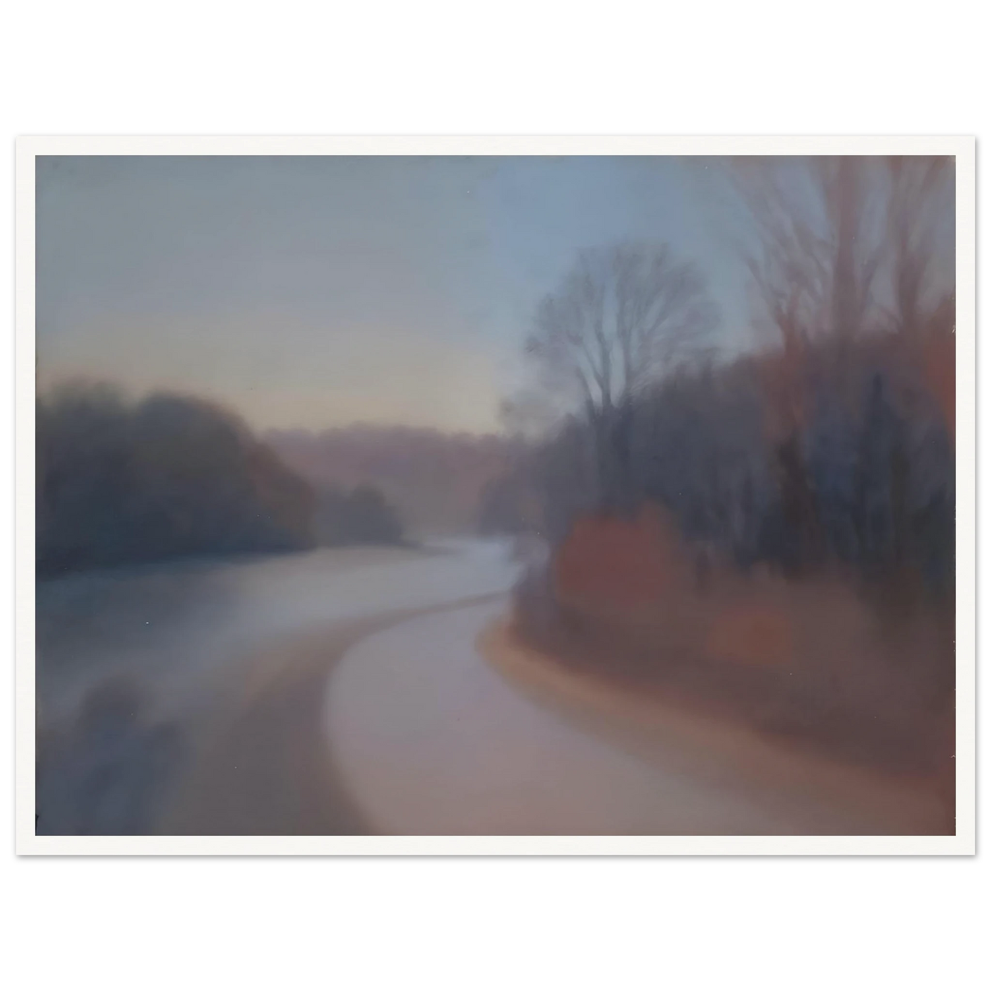 A soft river curves through misty woodlands at dusk, with blurred trees fading into gentle blue and mauve tones.