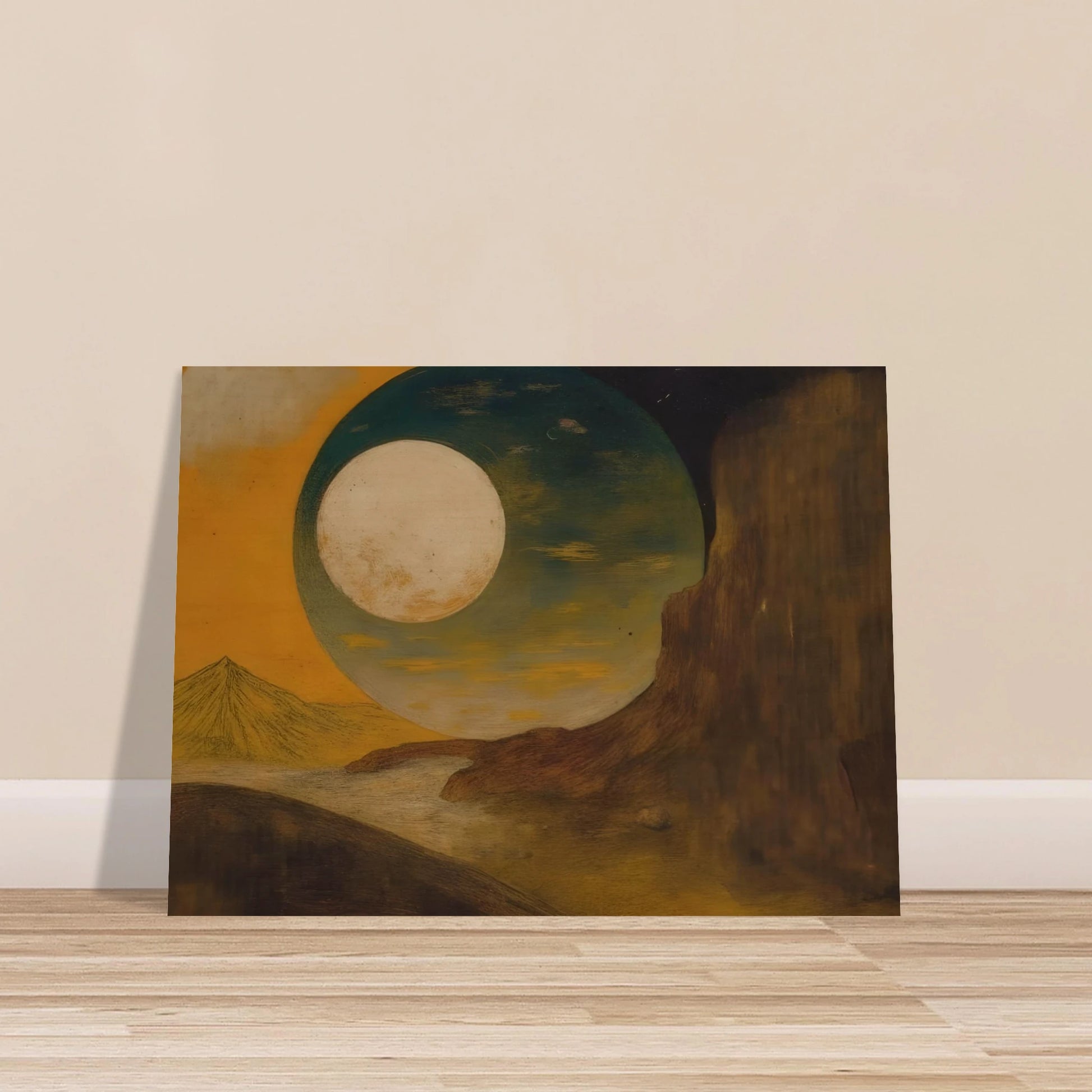 A glowing moon rises over desert cliffs, golden sky, distant pyramid, and shadowed hills.