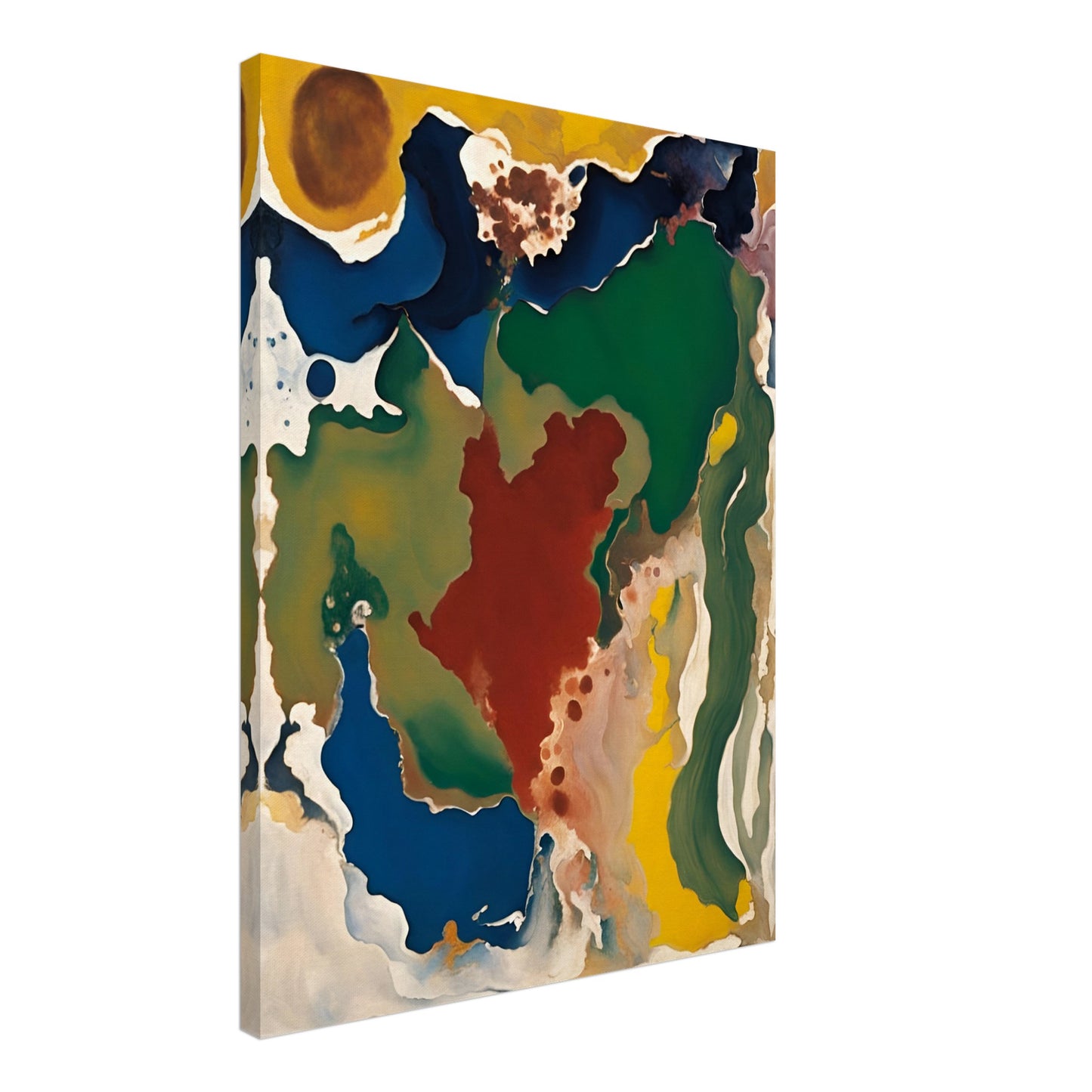 A dynamic abstract painting with fluid, swirling colors of deep greens, blues, reds, and yellows, resembling a dreamlike landscape or organic movement.