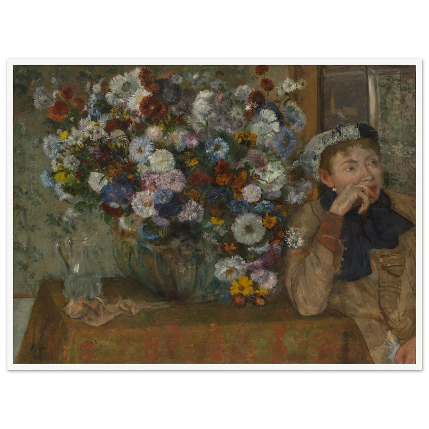 A seated woman rests beside a large vase overflowing with colorful flowers in a softly lit interior.