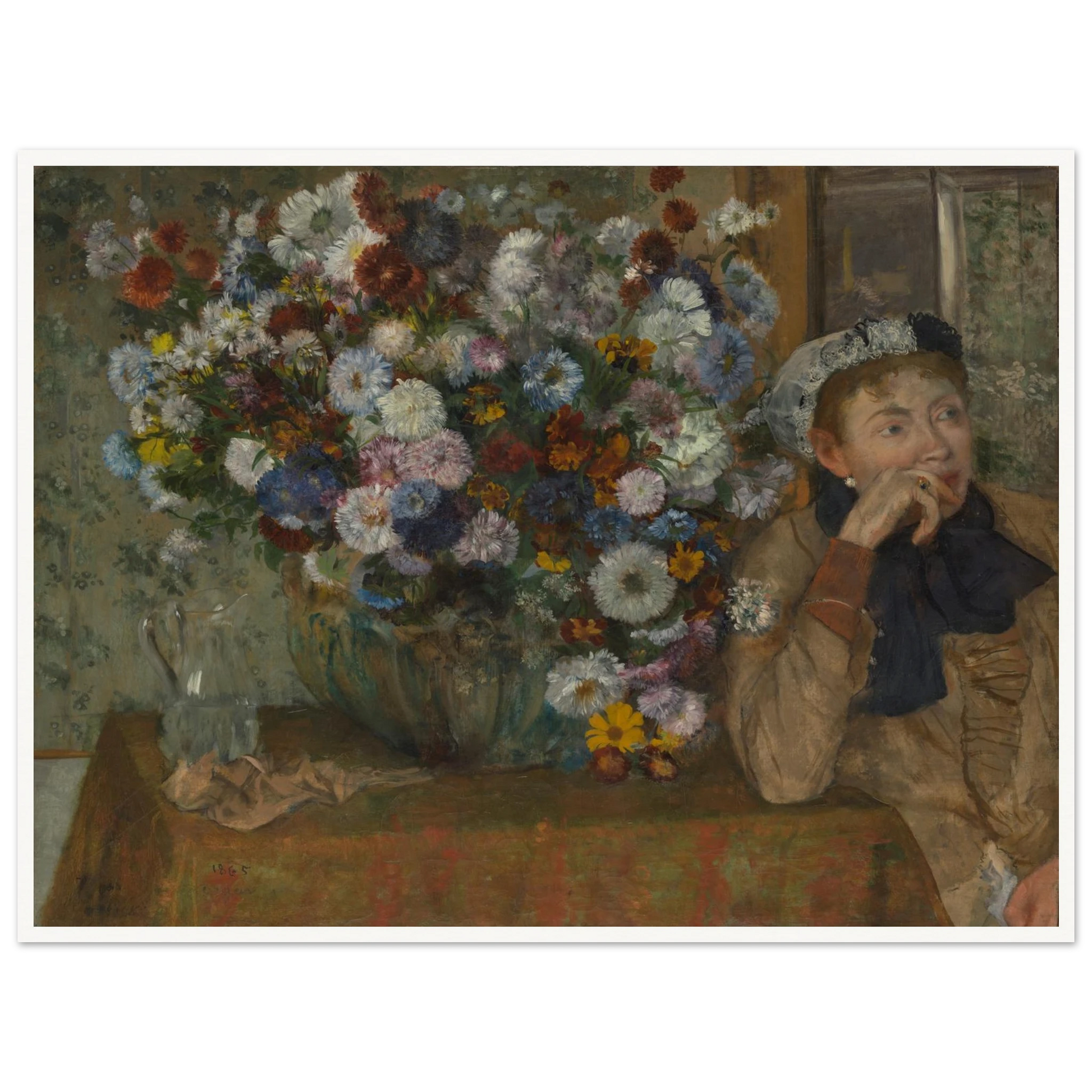 A seated woman rests beside a large vase overflowing with colorful flowers in a softly lit interior.