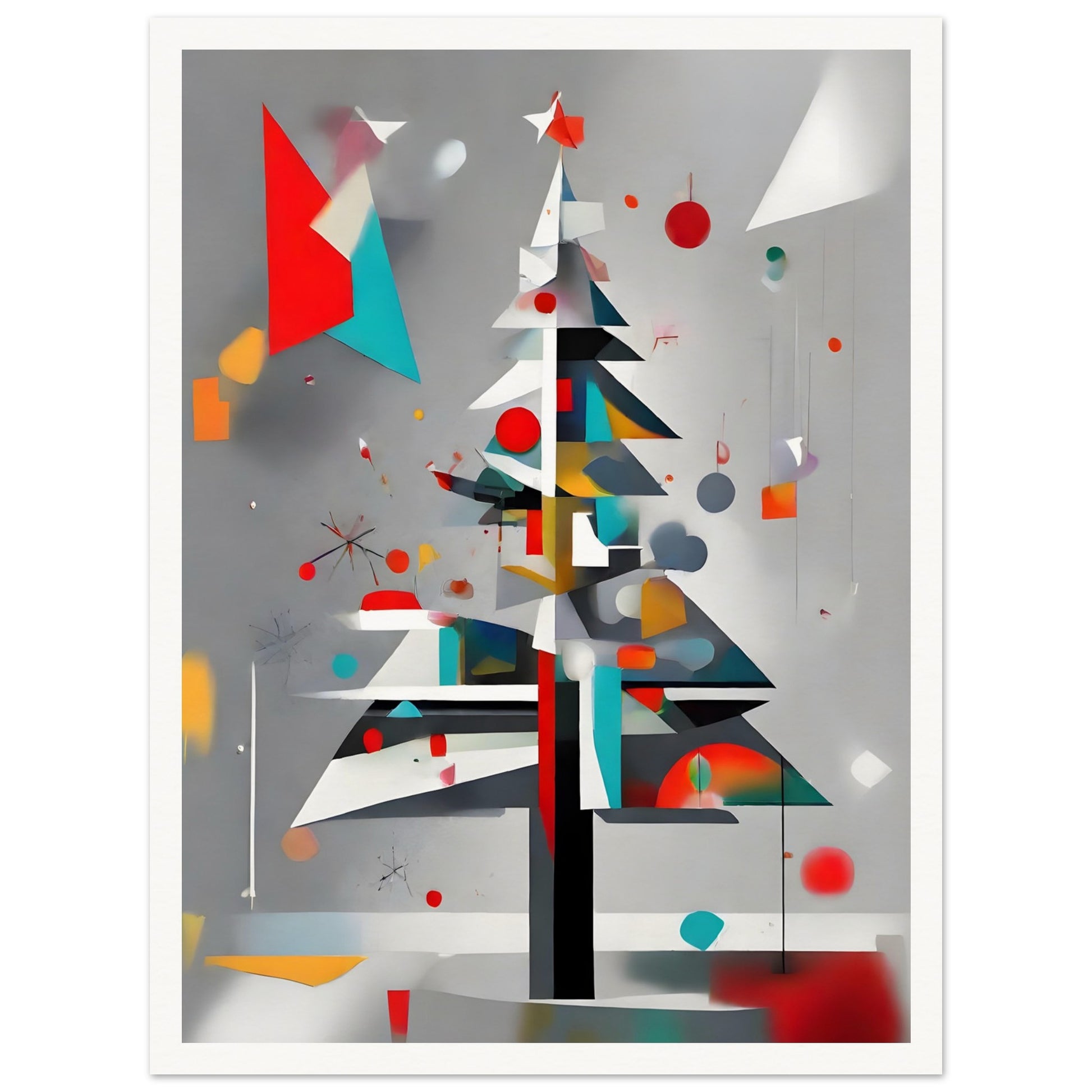 A sleek and modern artwork featuring a geometric Christmas tree adorned with colorful shapes, abstract ornaments, and a gray background.