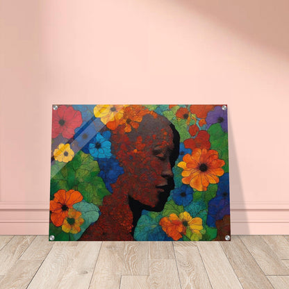 "A colorful and intricate painting of a silhouetted face surrounded by vivid red, blue, yellow, and orange flowers, blending nature with human form."