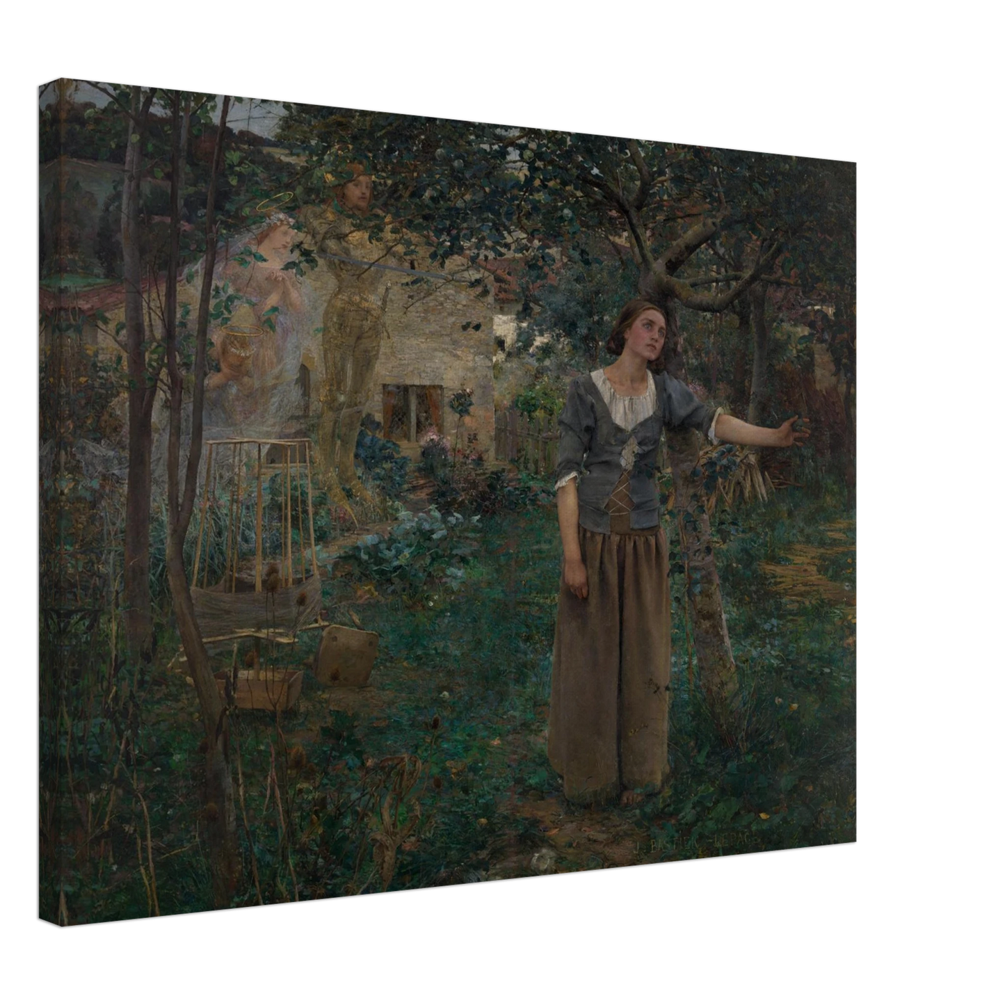 Joan of Arc stands in a garden as luminous saints appear behind her
