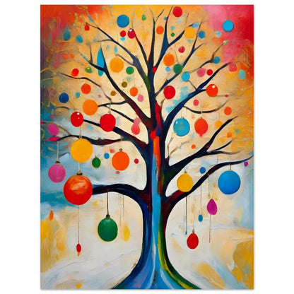 A vibrant painting of a bare tree adorned with colorful ornaments, set against a glowing background of warm yellows, oranges, and blues.