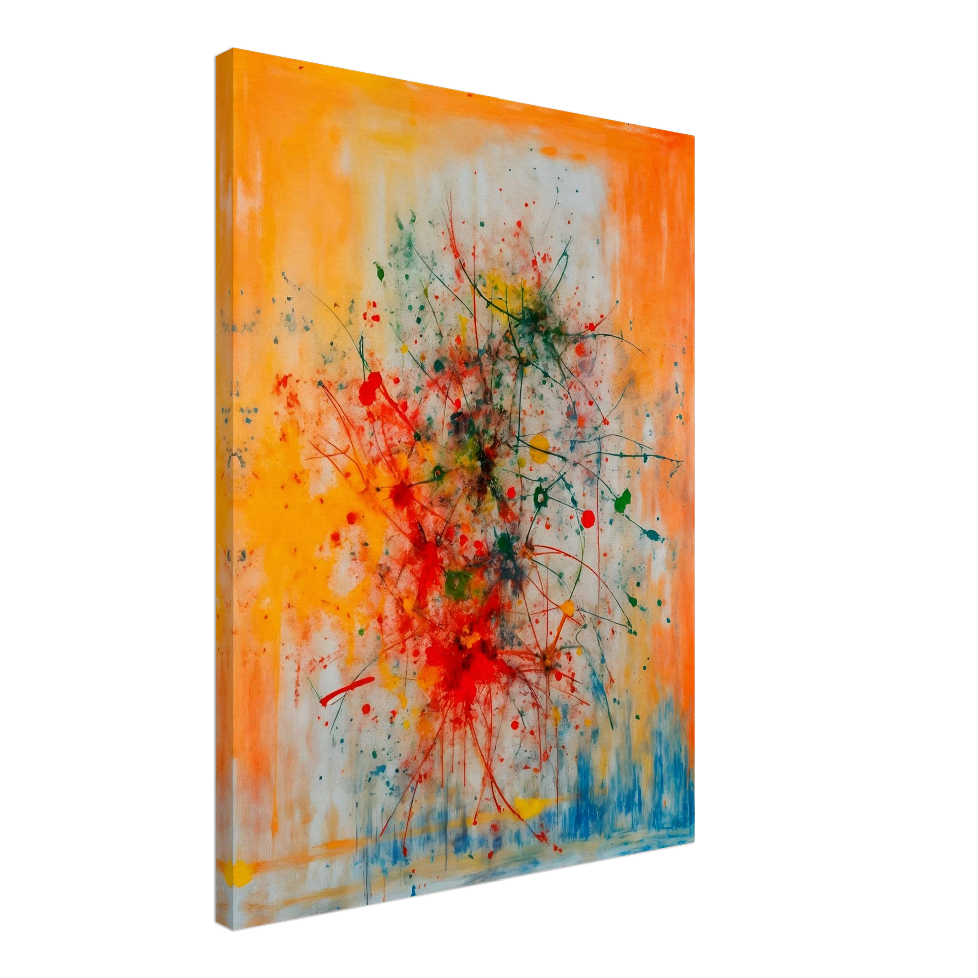 Vivid splashes of red, yellow, blue, and green burst across an orange canvas, evoking movement, chaos, and creative energy.