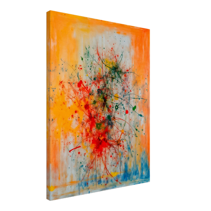 Vivid splashes of red, yellow, blue, and green burst across an orange canvas, evoking movement, chaos, and creative energy.