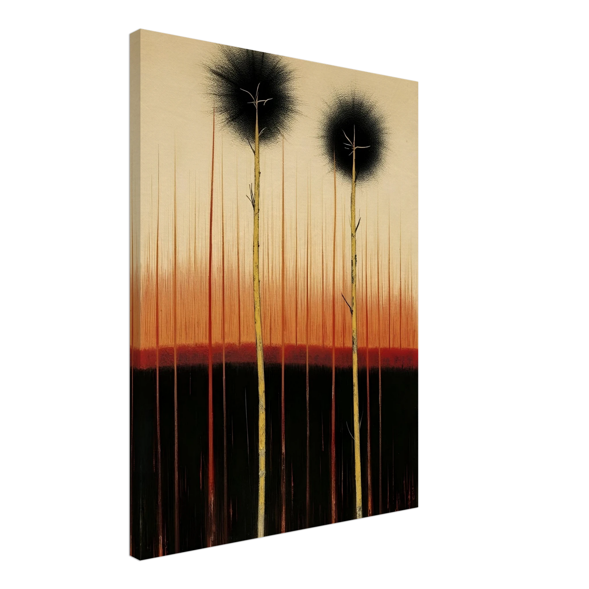 Two tall, slender trees rise from dark soil under a glowing orange and black sky, evoking quiet endurance and mystery.