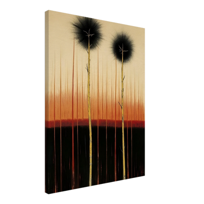 Two tall, slender trees rise from dark soil under a glowing orange and black sky, evoking quiet endurance and mystery.