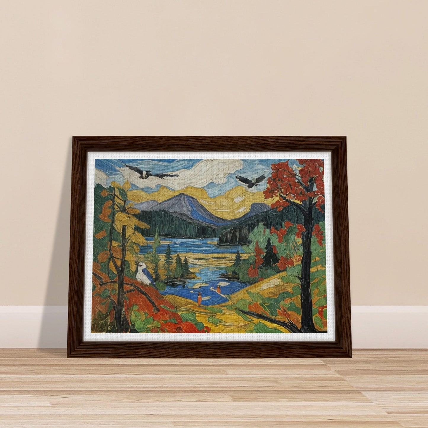 "A colorful autumn landscape featuring a mountain lake, vibrant trees, birds in flight, and a serene nature scene under a golden sky."