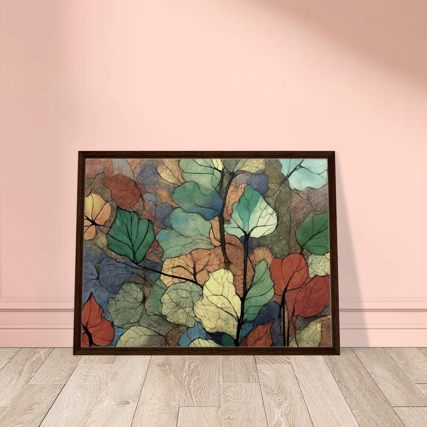 A colorful composition of overlapping leaves in shades of green, yellow, orange, and blue, creating a delicate and textured pattern that evokes the beauty of nature.