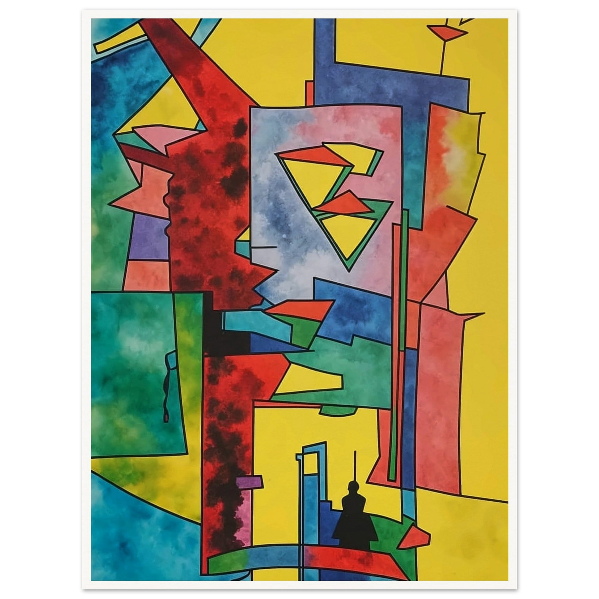 Abstract geometric artwork featuring vibrant shapes and bold colors, evoking a dynamic urban landscape.