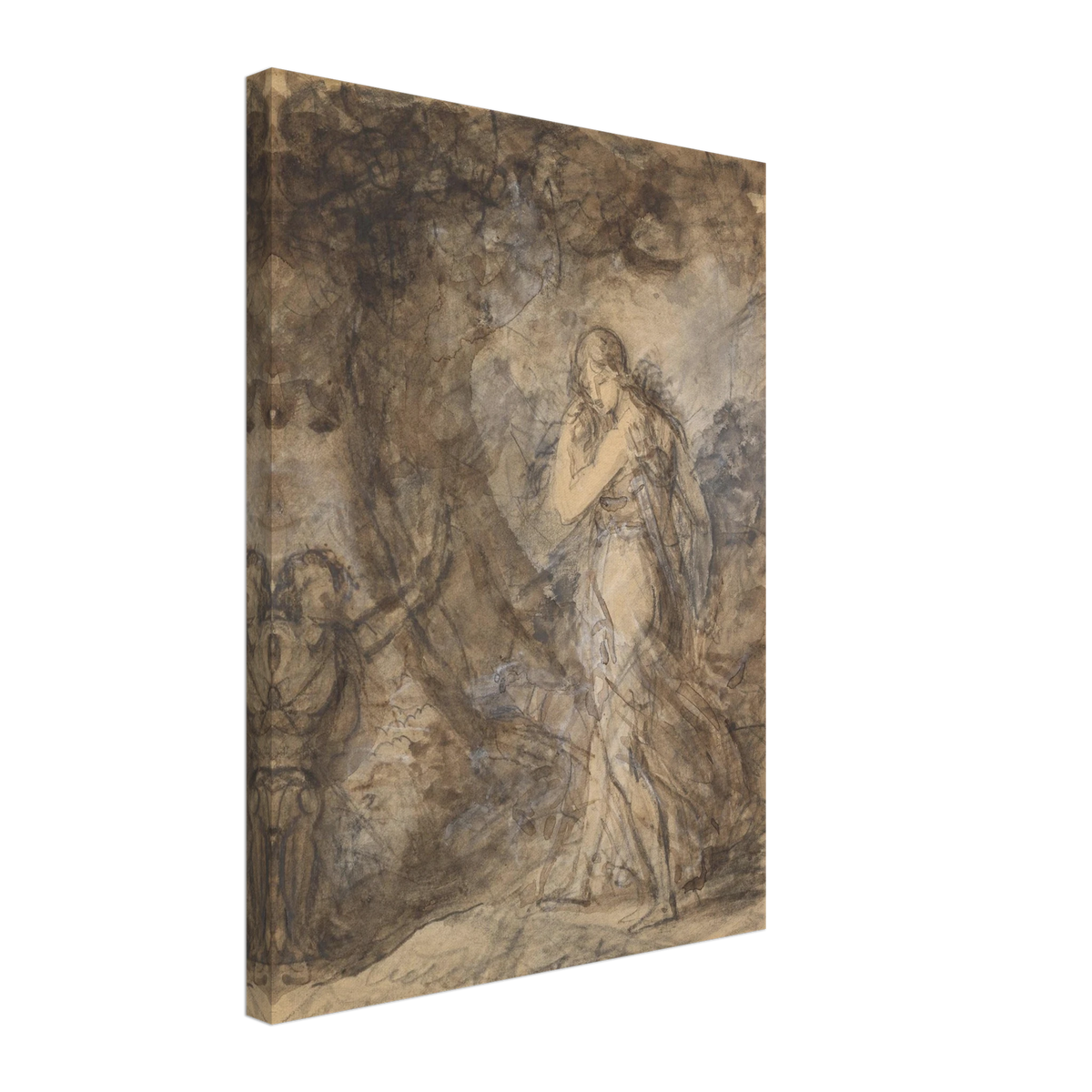 Daphnis runs toward Chloe in a loosely sketched woodland scene, rendered in soft brown and gray washes.