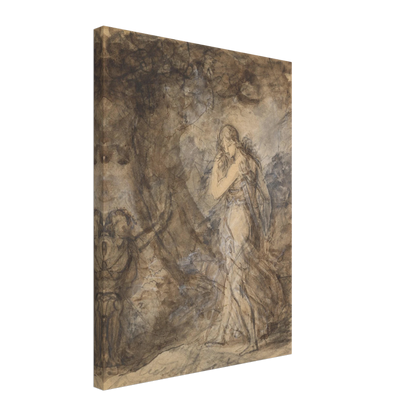 Daphnis runs toward Chloe in a loosely sketched woodland scene, rendered in soft brown and gray washes.