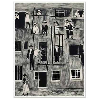 A monochromatic painting depicting a multi-story urban scene with numerous figures in formal attire, including hats, standing on balconies and interacting with one another. The black-and-white color palette enhances the contrast and highlights the stark lines of the architecture and figures, creating a visually striking composition.