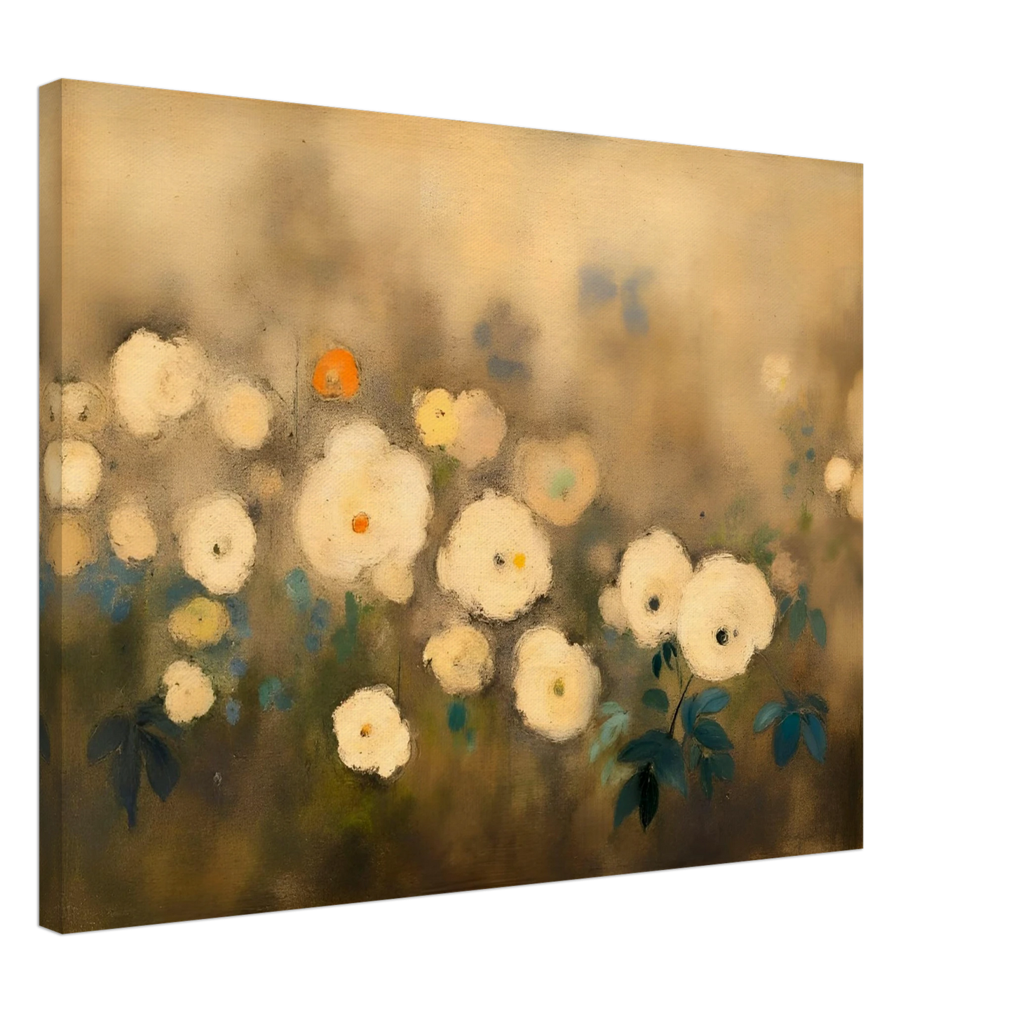 A dreamy floral painting featuring delicate white blossoms scattered across a softly blurred golden-beige background, accented with muted green and blue foliage.
