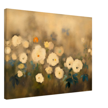 A dreamy floral painting featuring delicate white blossoms scattered across a softly blurred golden-beige background, accented with muted green and blue foliage.