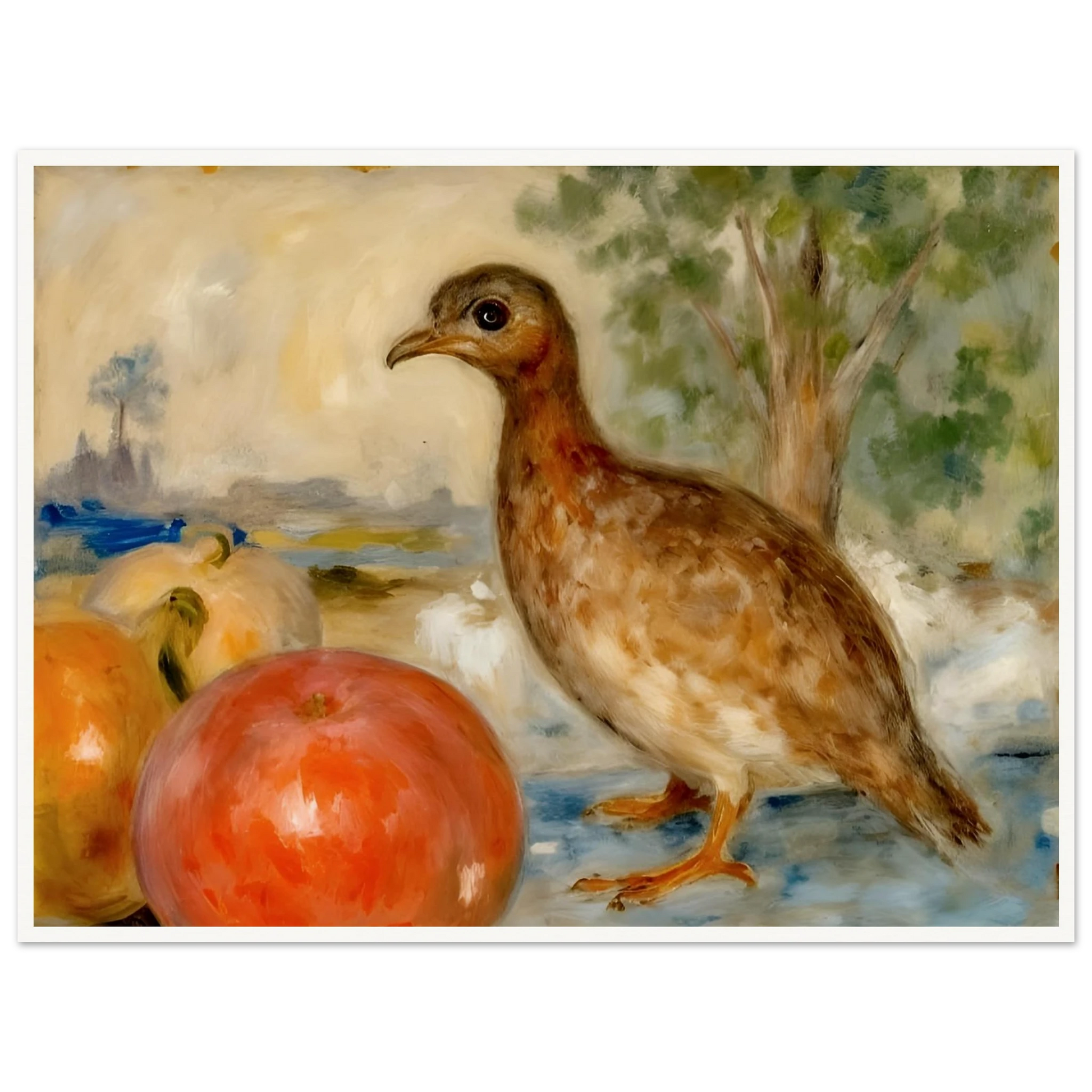 A brown bird stands beside ripe apples in a soft countryside setting, blending still life with gentle pastoral charm.