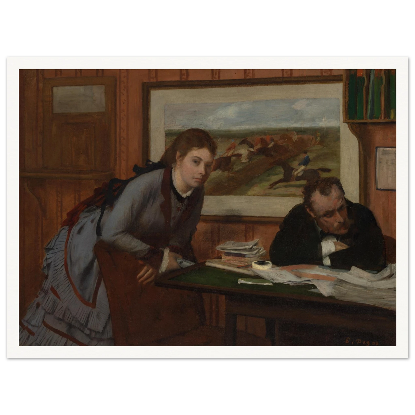 Woman leans over a chair beside a man at a desk, with a horse race painting behind them